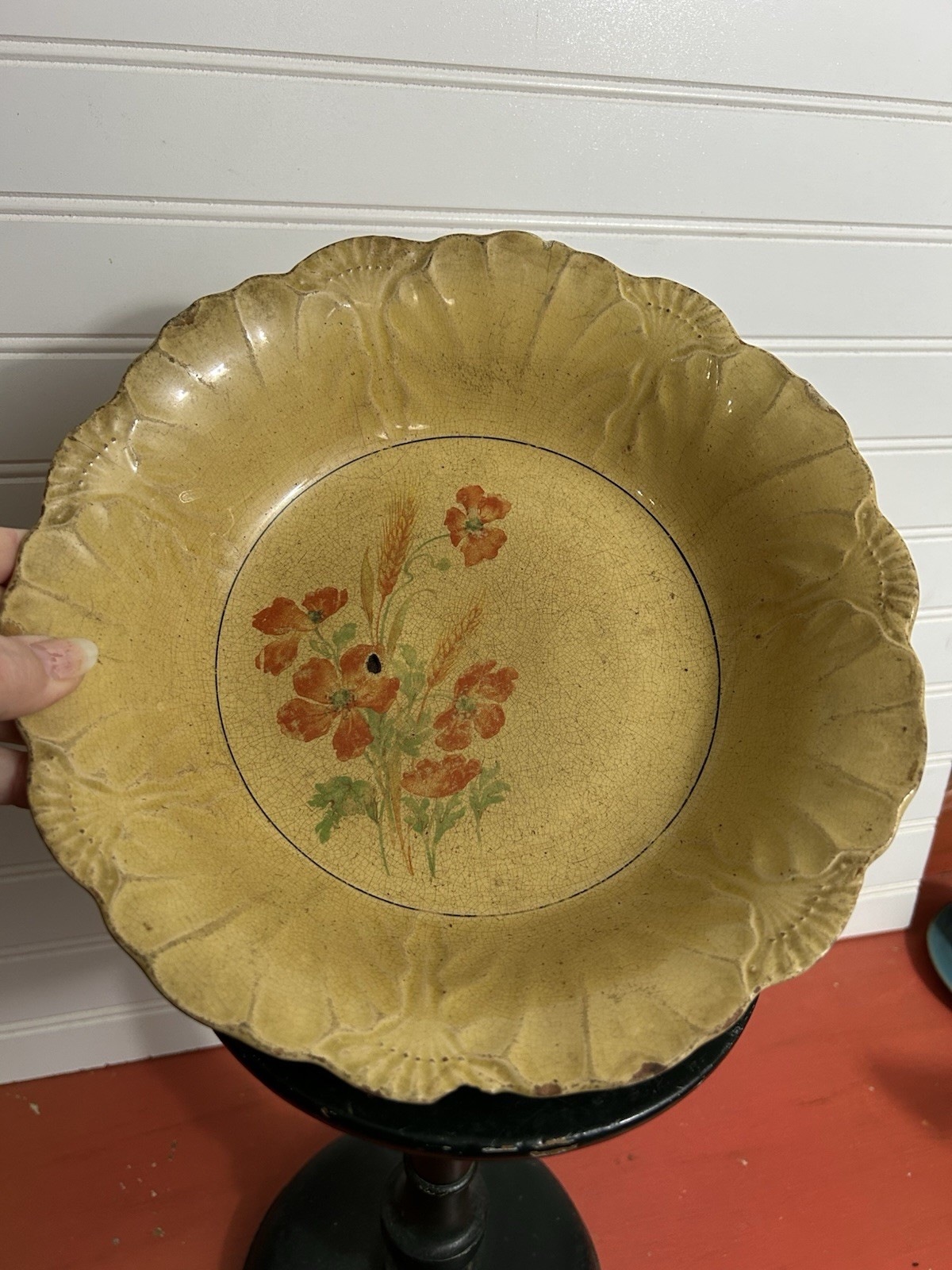 Antique Vintage Serving BOWL Heavily Stained & Crazed Toasty Floral Queen Wheat