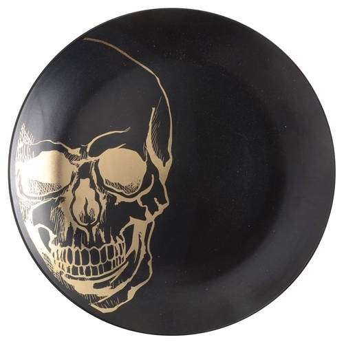Ciroa Halloween Wicked Skull Gold Black Matte Porcelain Dinner Plates 4 Set