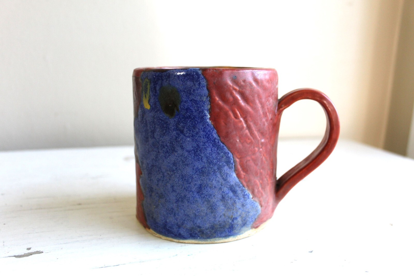 Student Made Wheel Thrown Mug Rust Blue Gold Coffee Tea Art Pottery Incised AJS