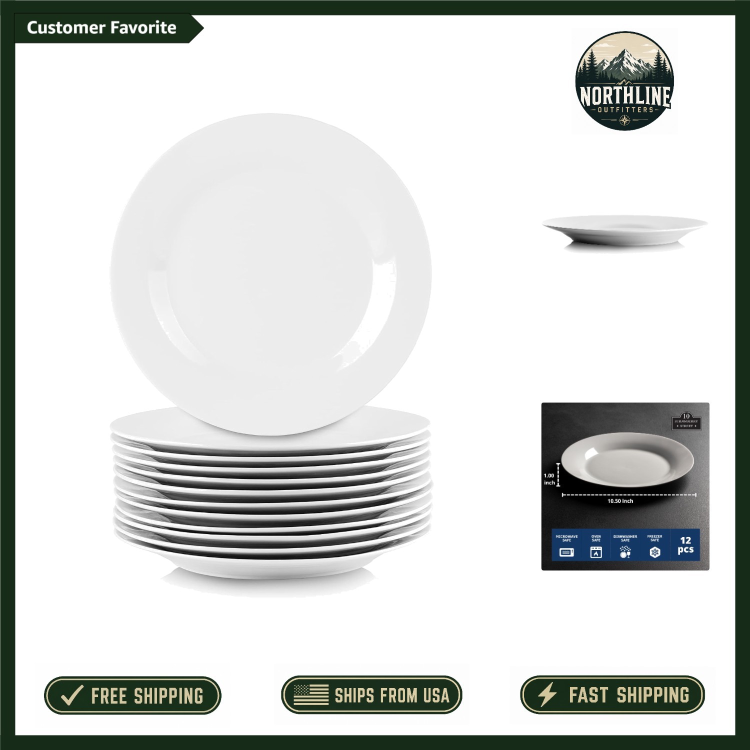 Timeless Ceramic Dinnerware: Set of 12 10.5″ Round White Plates for Home Dining