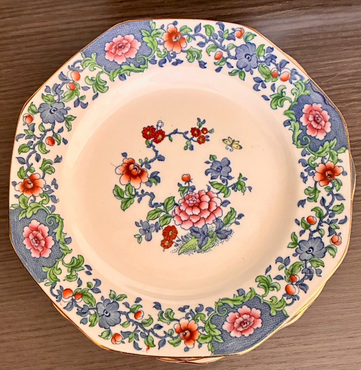 Lovely Antique Dishes, Golden Rims & Floral Pink, Blue & Rust Colors – Set Of 8