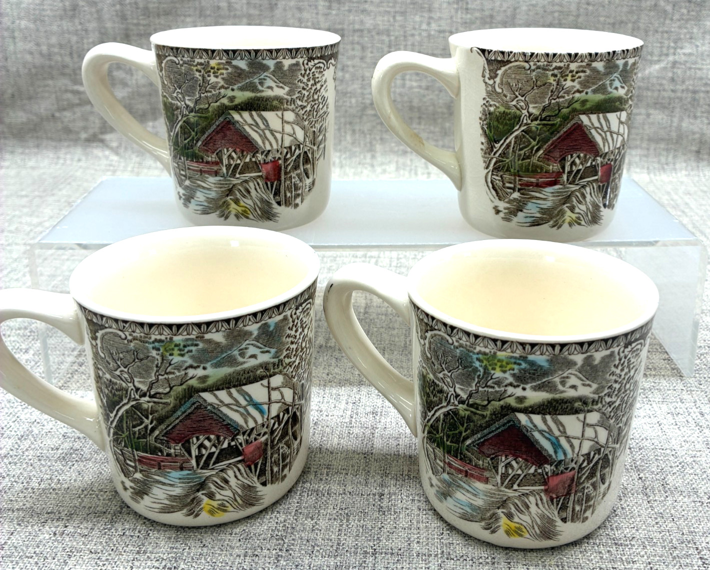 Johnson Bros The Friendly Village Covered Bridge Coffee MUGS England Set of Four