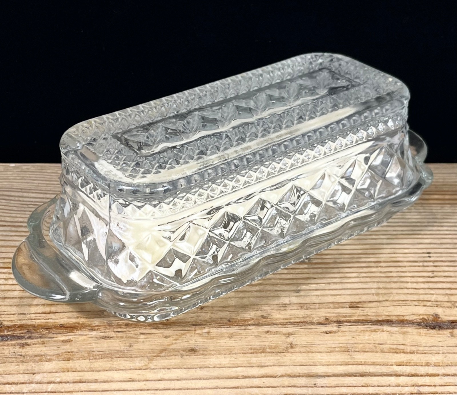 Vintage Anchor Hocking Wexford Cut Glass Covered Butter Dish 2 Pc with Lid