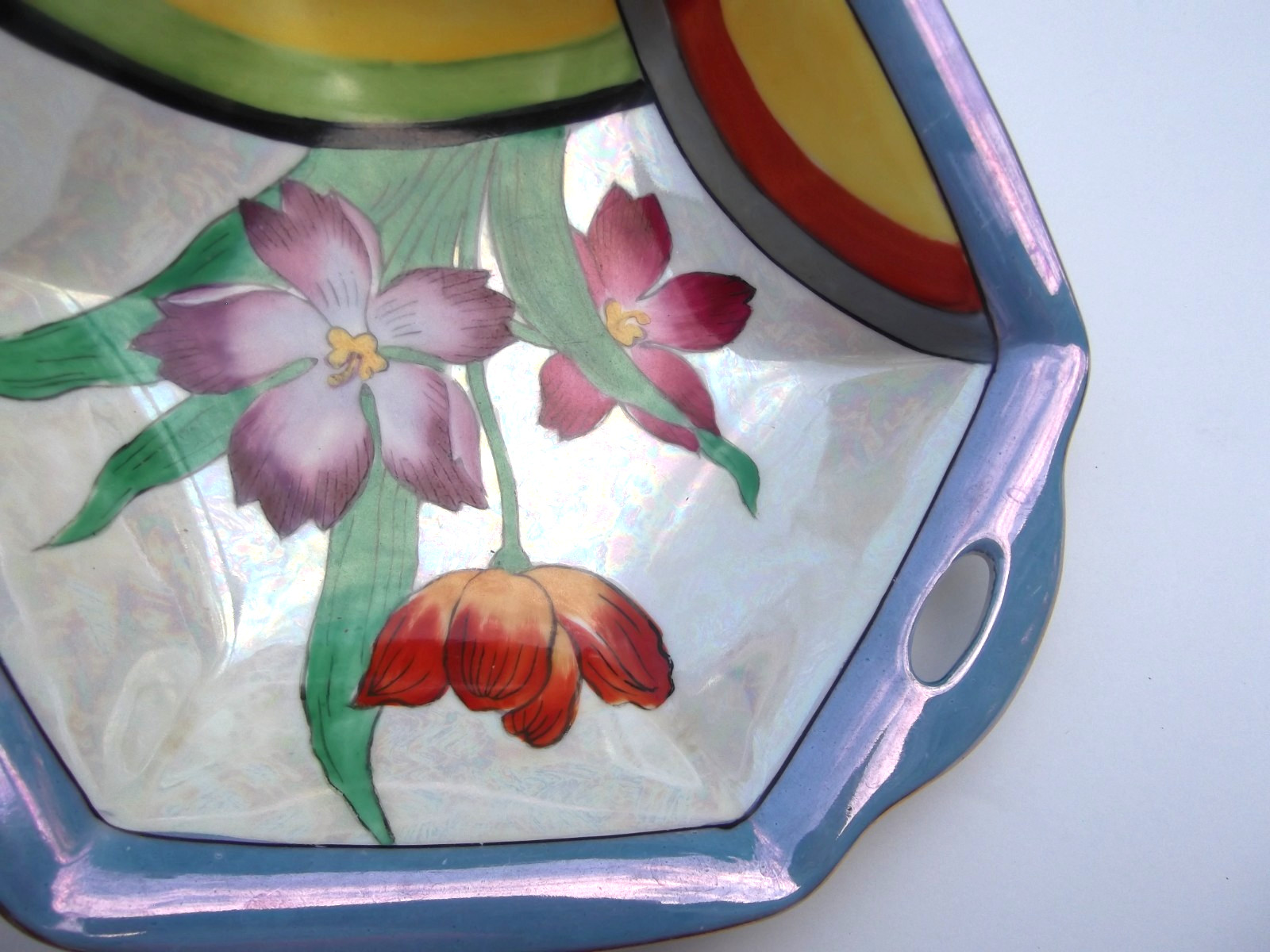 Japan Art Deco Lusterware Rainbow and Flowers 9.5″ Bowl Hand Painted Hexagon