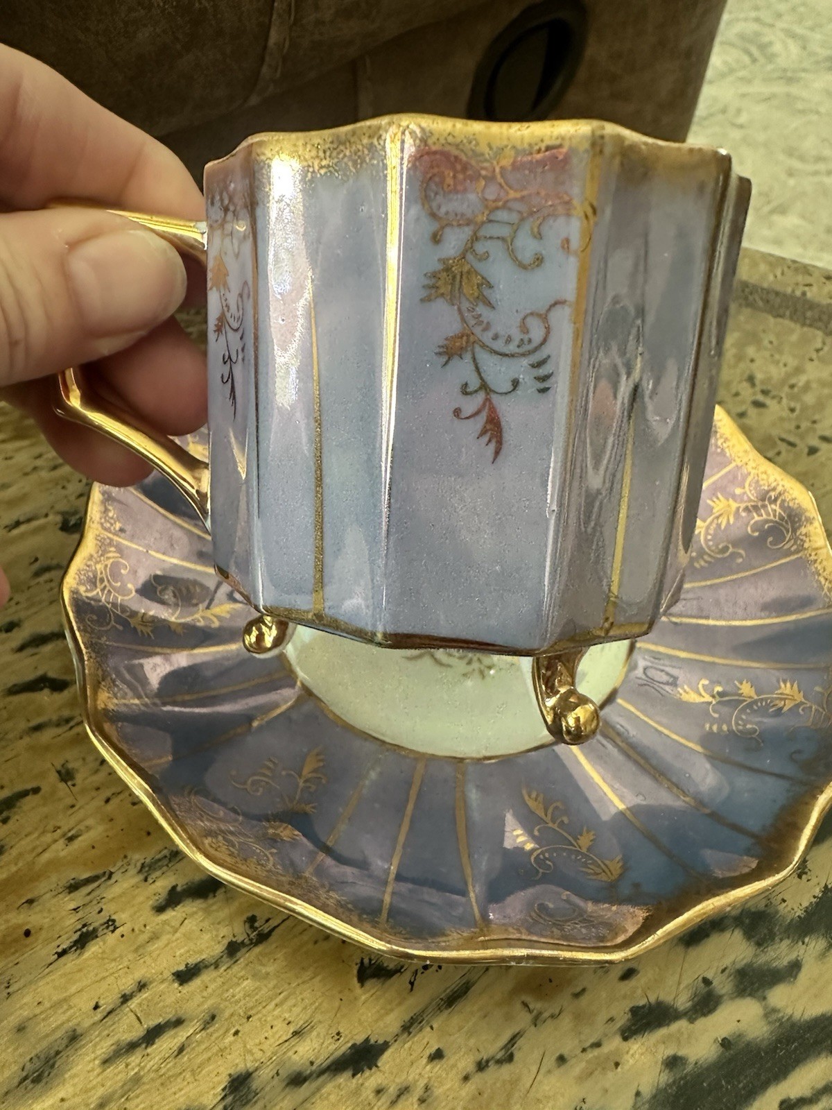 Branco Ceramics Purple White Gold Floral Ceramic Cup & Saucer Set Handle