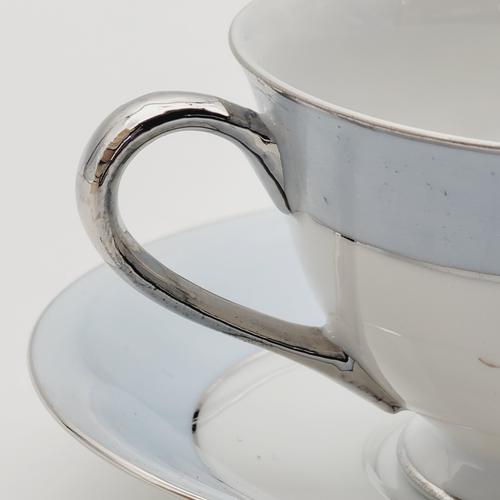 Vintage Fujiyama Yokohama Cup and Saucer Japan Rose Blue Silver Trim Floral