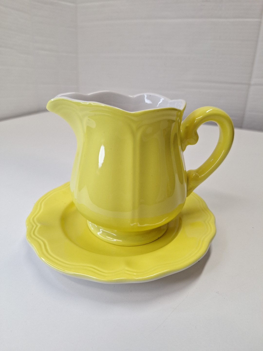Ironstone Japan Yellow Ceramic Creamer Pitcher w Saucer Plate 4.5″H x 5.5″W