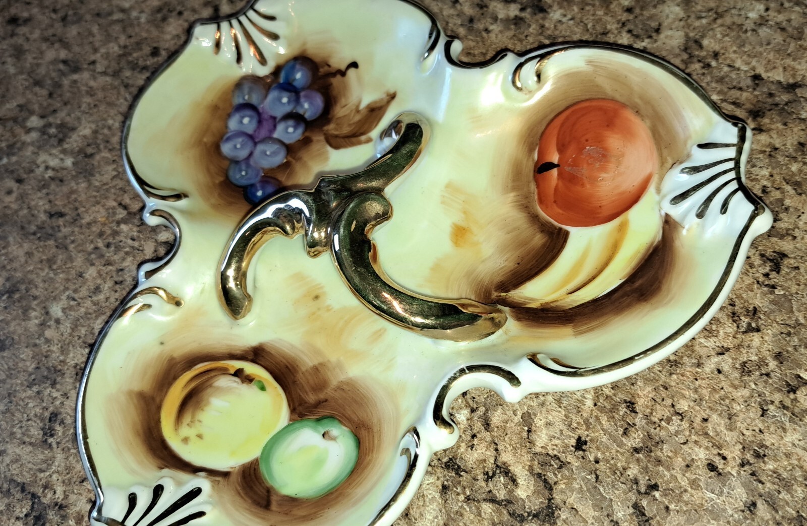 Enesco Divided Candy Nut Dish Server Gold Handle Painted Fruit Victorian Vintage