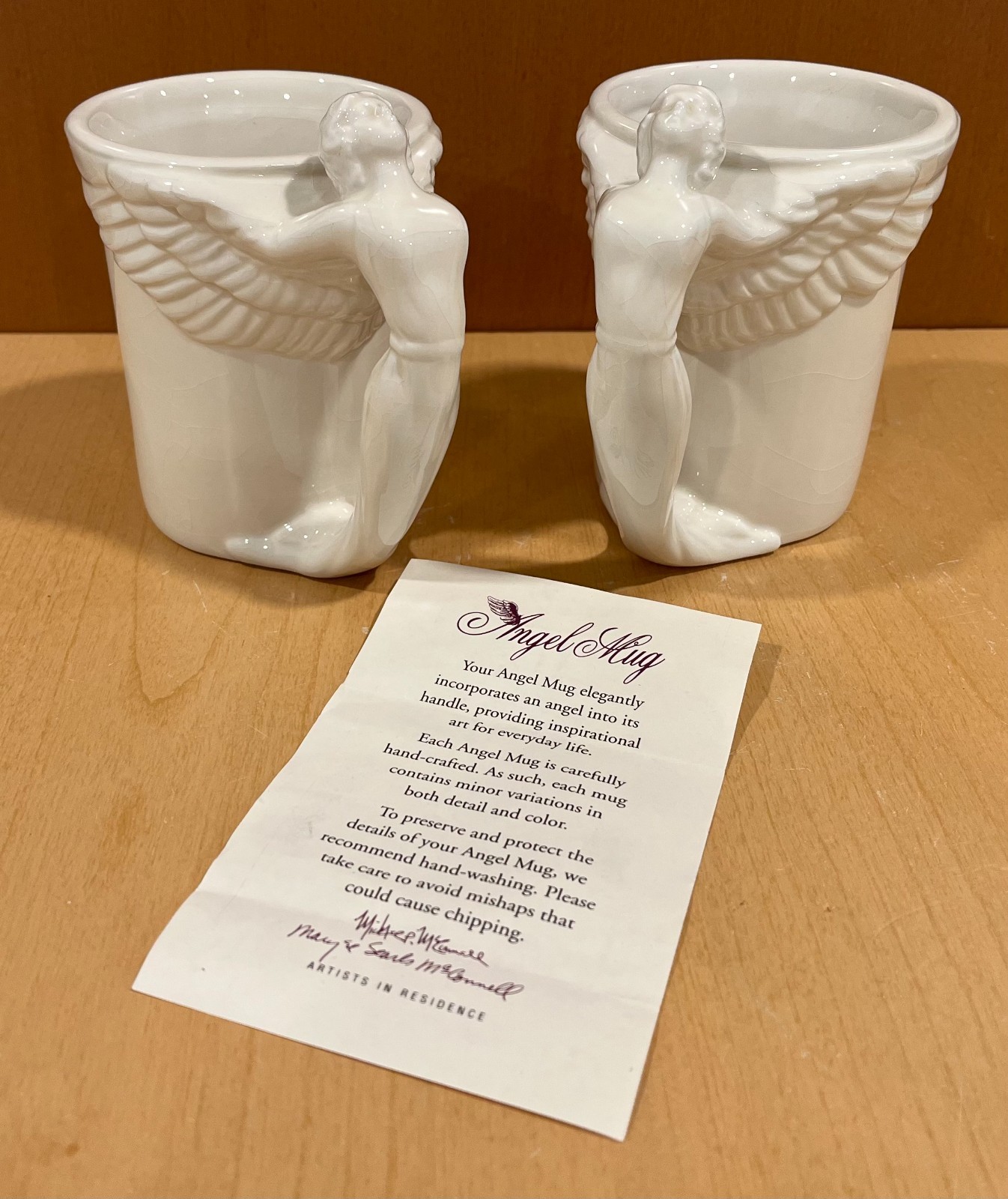 Angel Mug Set of 2 1994 McConnell Talus White Raised Design Wings