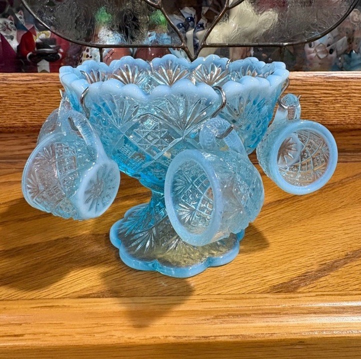 Westmoreland File and Fan Blue Opalescent Mini Punch Bowl Set 6 Mugs Glows