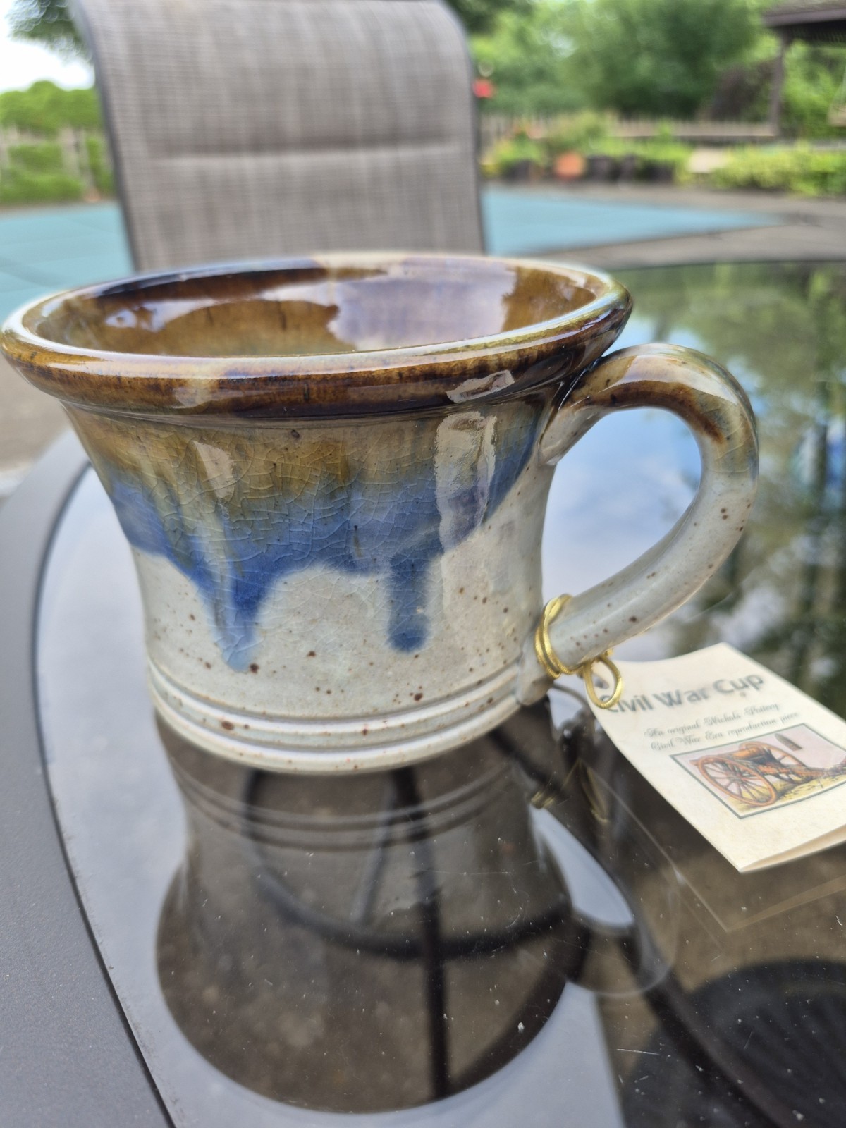 NICHOLS POTTERY Brown Tan Blue Stoneware Civil War Cup – North Carolina – W/ Tag