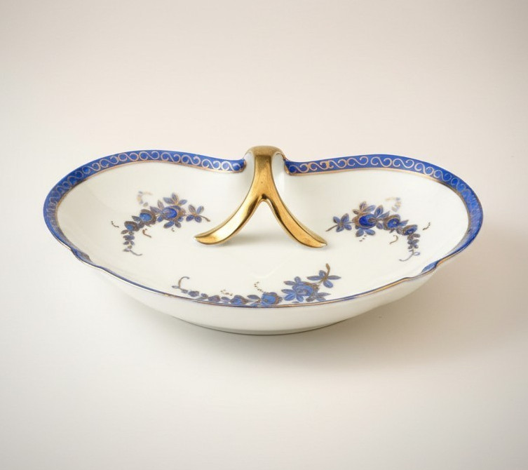 Bavaria Porcelain Vintage Kidney Shaped Platter Blue Gold Floral 10″ Vintage