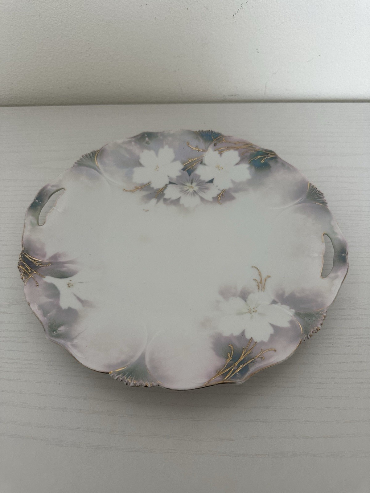 Antique RS Prussia Handled Serving Plate White Floral Gold Scalloped Rim 10