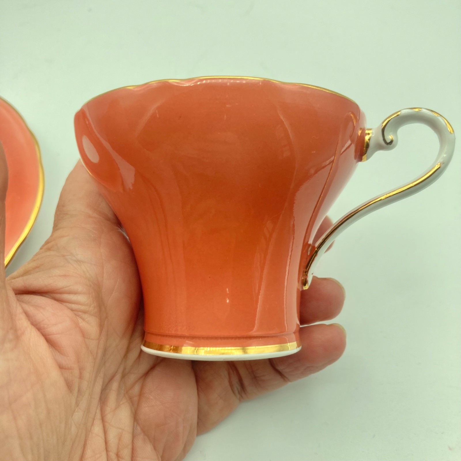Cabbage Rose Tea Cup & Saucer Aynsley Coral Bone China England Gold Trim