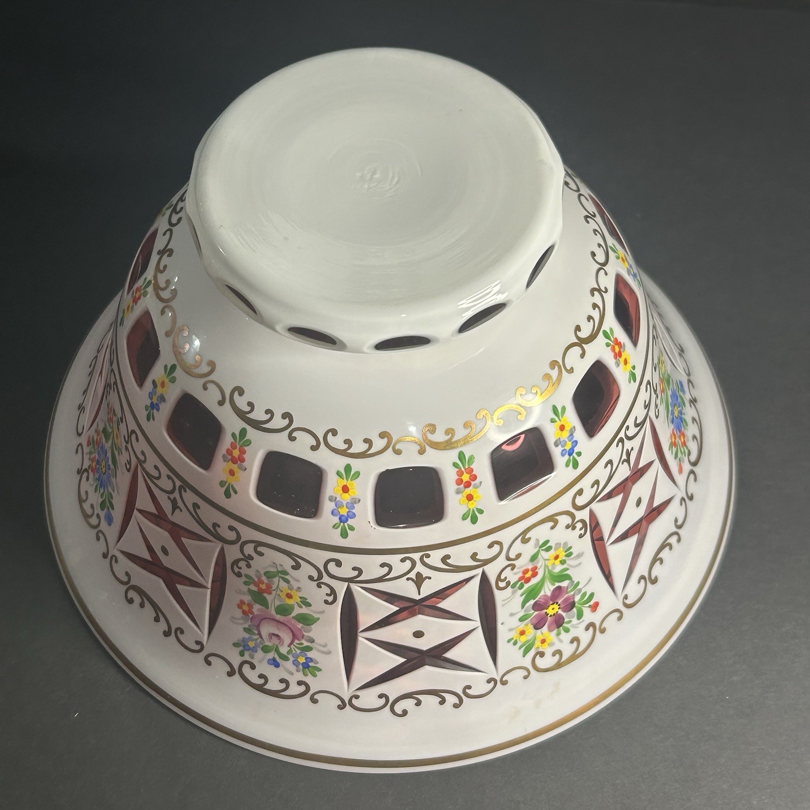 Bohemian Czech White Glass Cut to Pink Pedestal Bowl Hand Painted Flowers 9”