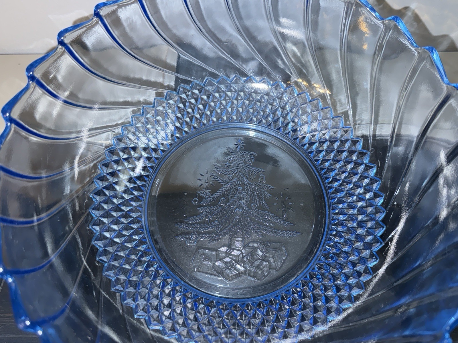 Vtg KIG Blue Glass Salad/Fruit Bowl w/Christmas Tree Design-9.5”-EUC