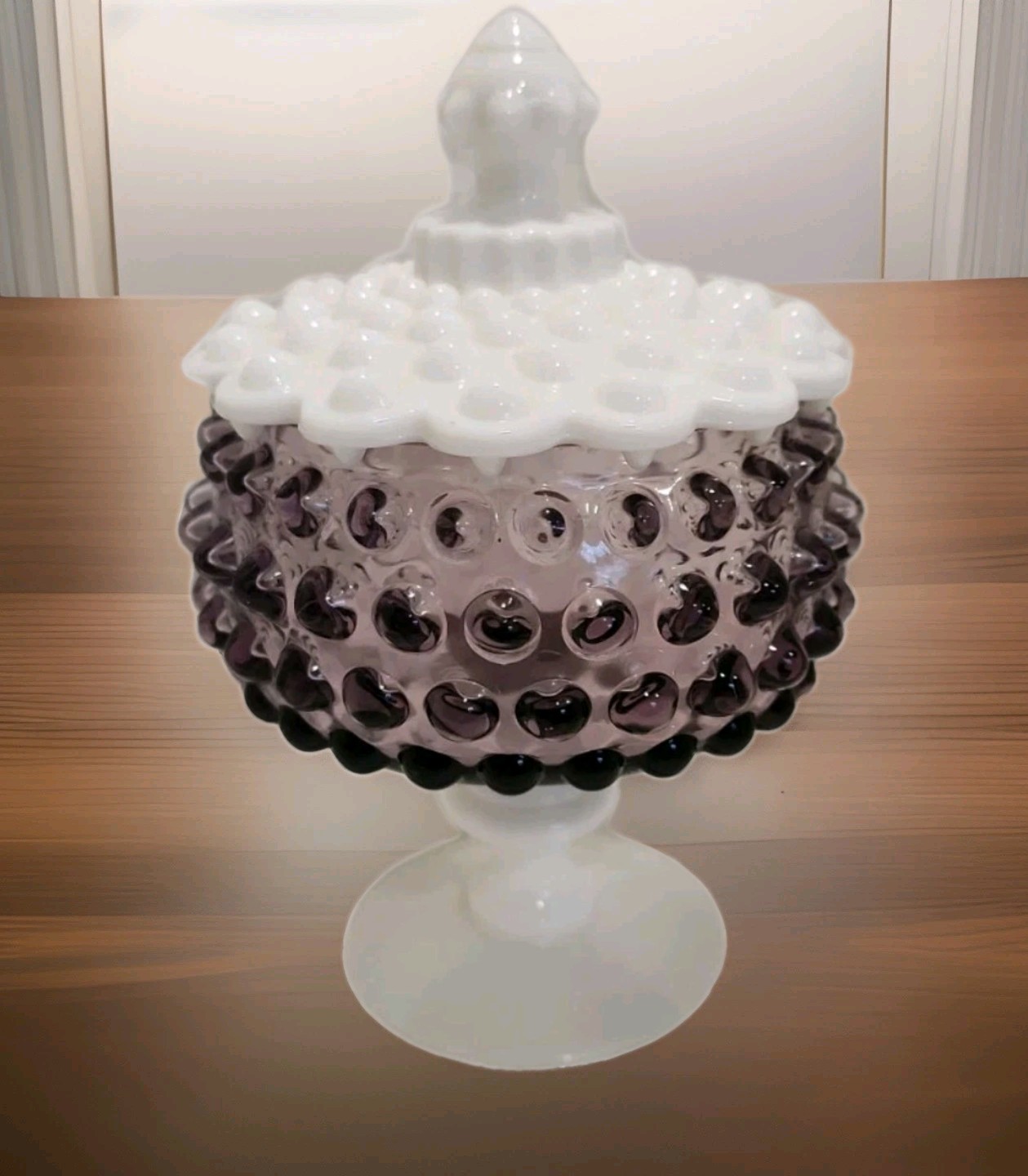 ​Vintage Imperial Amethyst Purple Hobnail Milk Glass Covered Candy Dish Compote