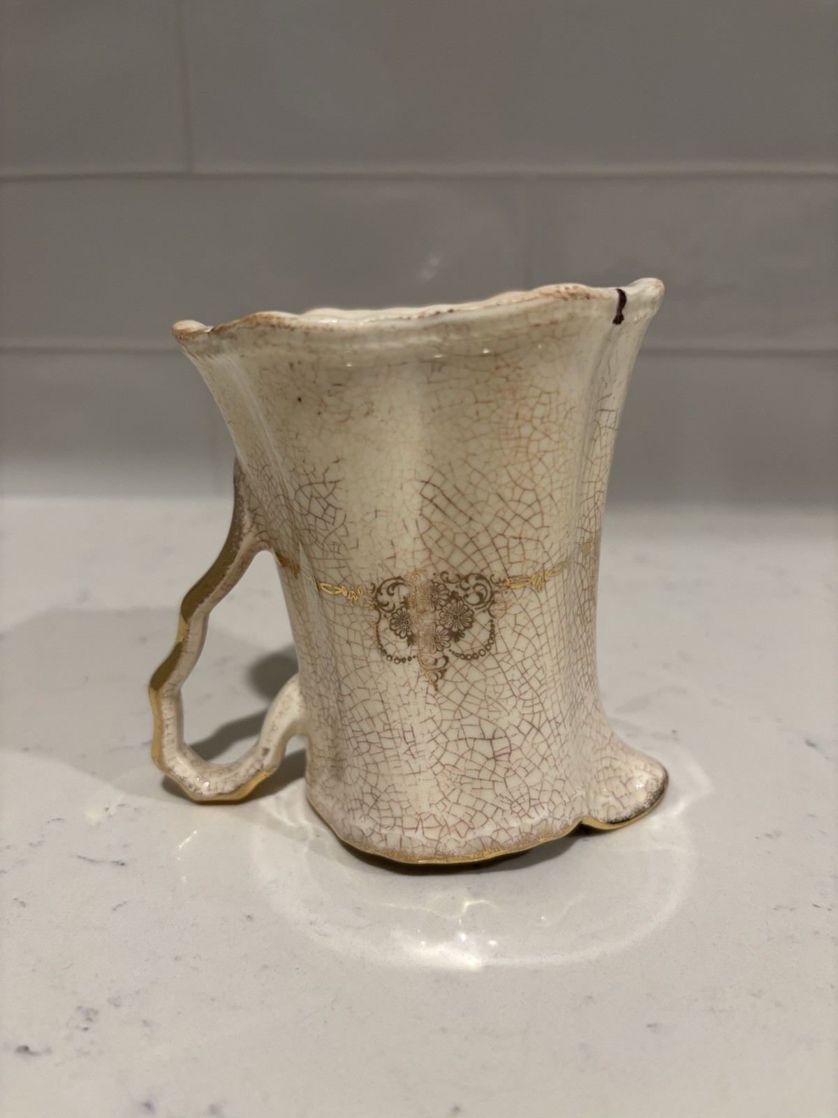 Antique White Ironstone Style Creamer Pitcher Stained Crazed Gold Transferware