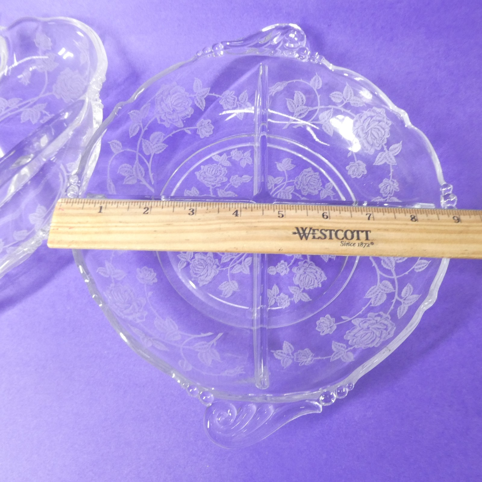 Heisey Rose 2 Divided Dishes Oval Celery & Round Relish Bowl Clear Etched Glass