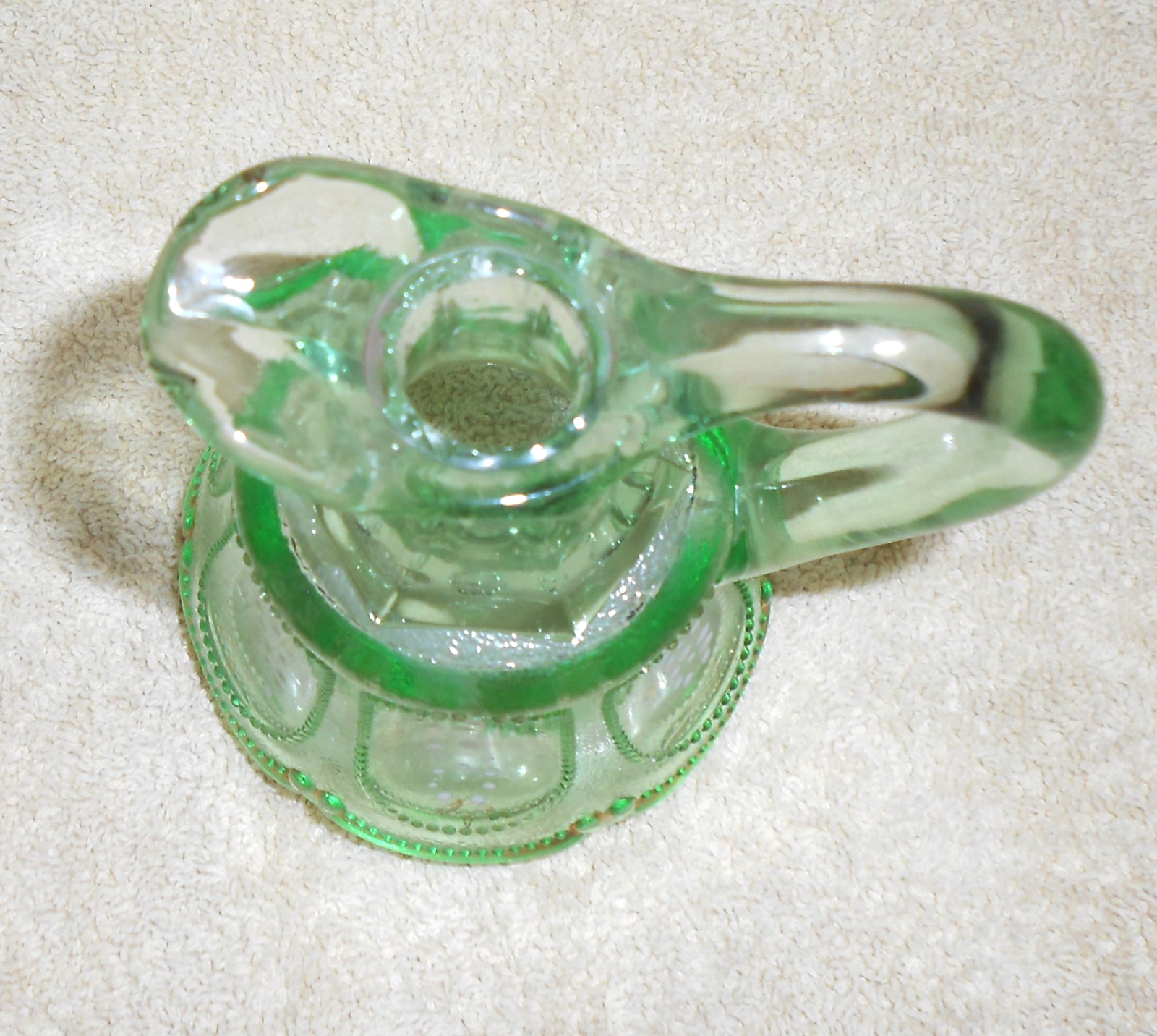 EAPG DUGAN “BEADED OVALS SAND PATTERN” CRUET APPLE GREEN c1905-1909 – NO STOPPER