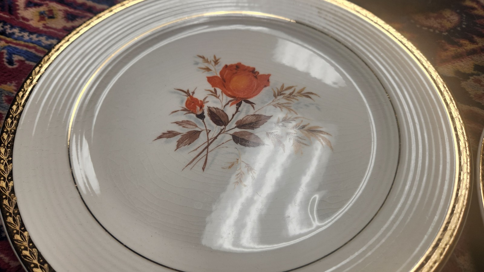 6 Triumph American Limoges-Vermillion Rose 9.25 Inch Plates Sebring Ohio 22k