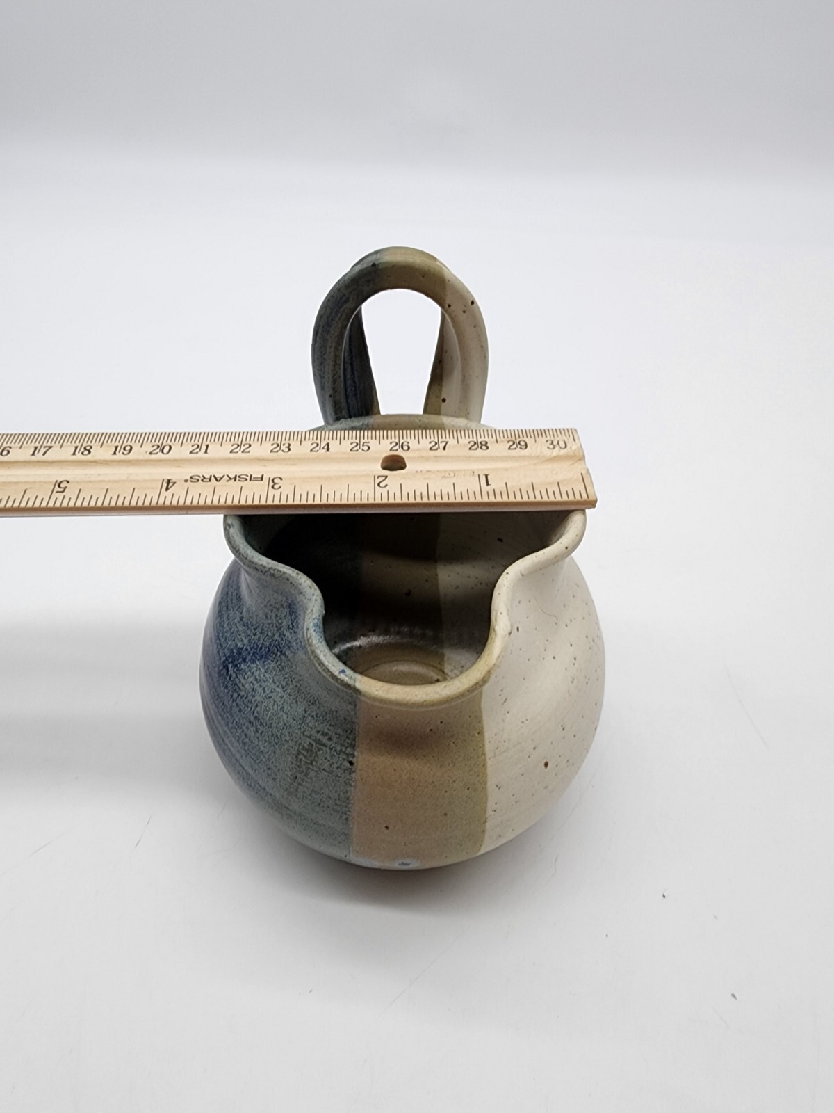Art Pottery Small Pitcher creamer Signed Blue Tan white unique Shape