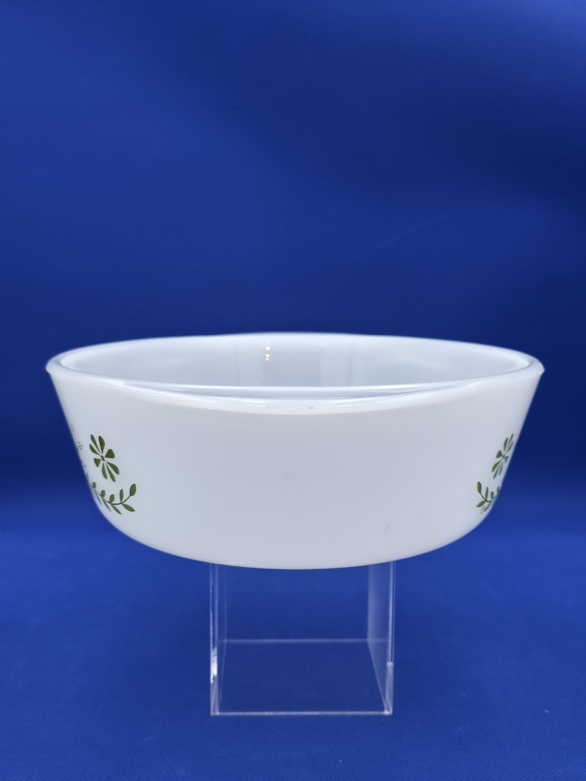 Glasbake Vintage MCM Milk Glass Oven Safe Casserole Dish Green Crazy Daisy