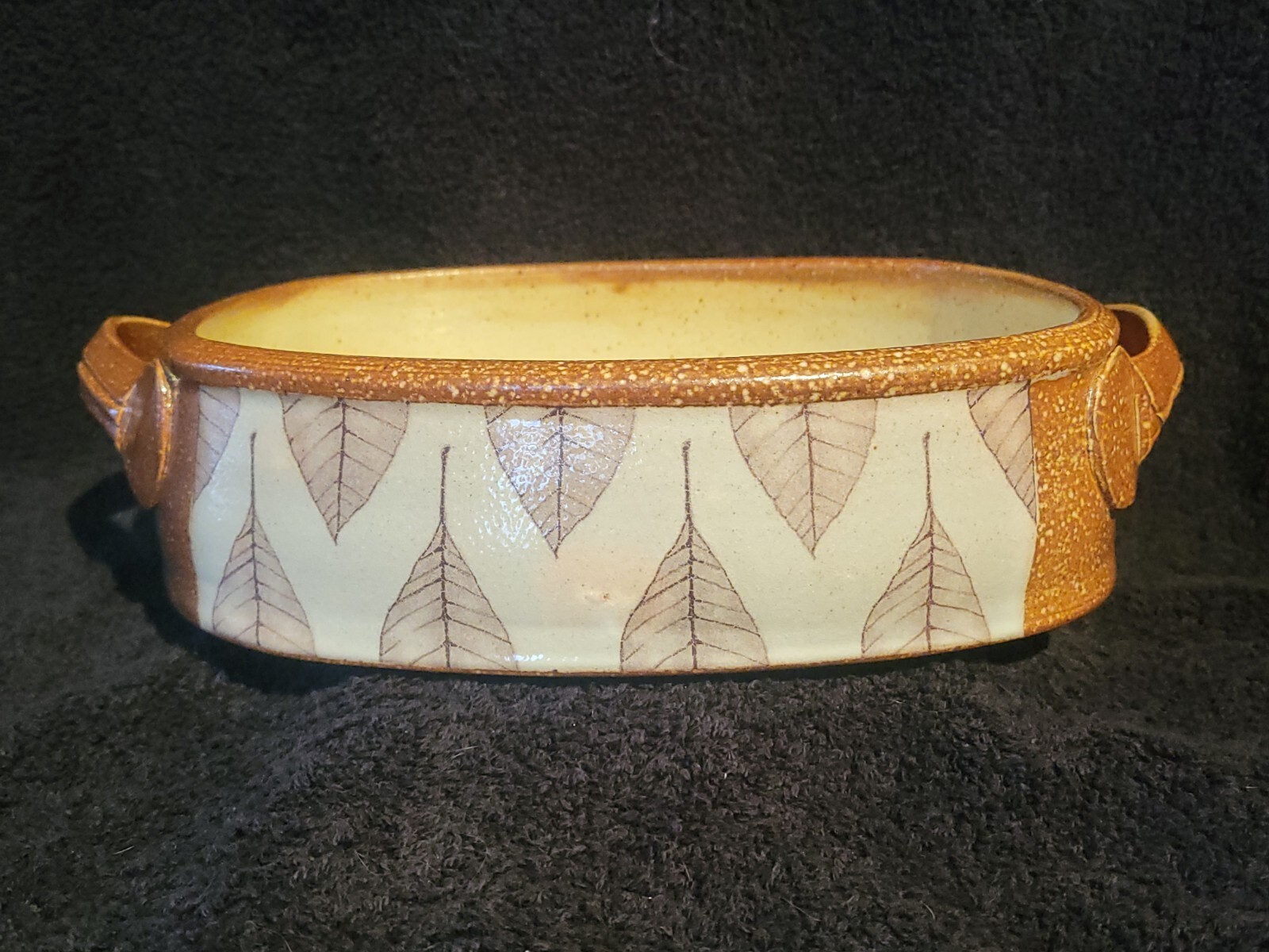 Studio Art Pottery Evelyn Ward North Carolina Dish With Handles Leaf Pattern
