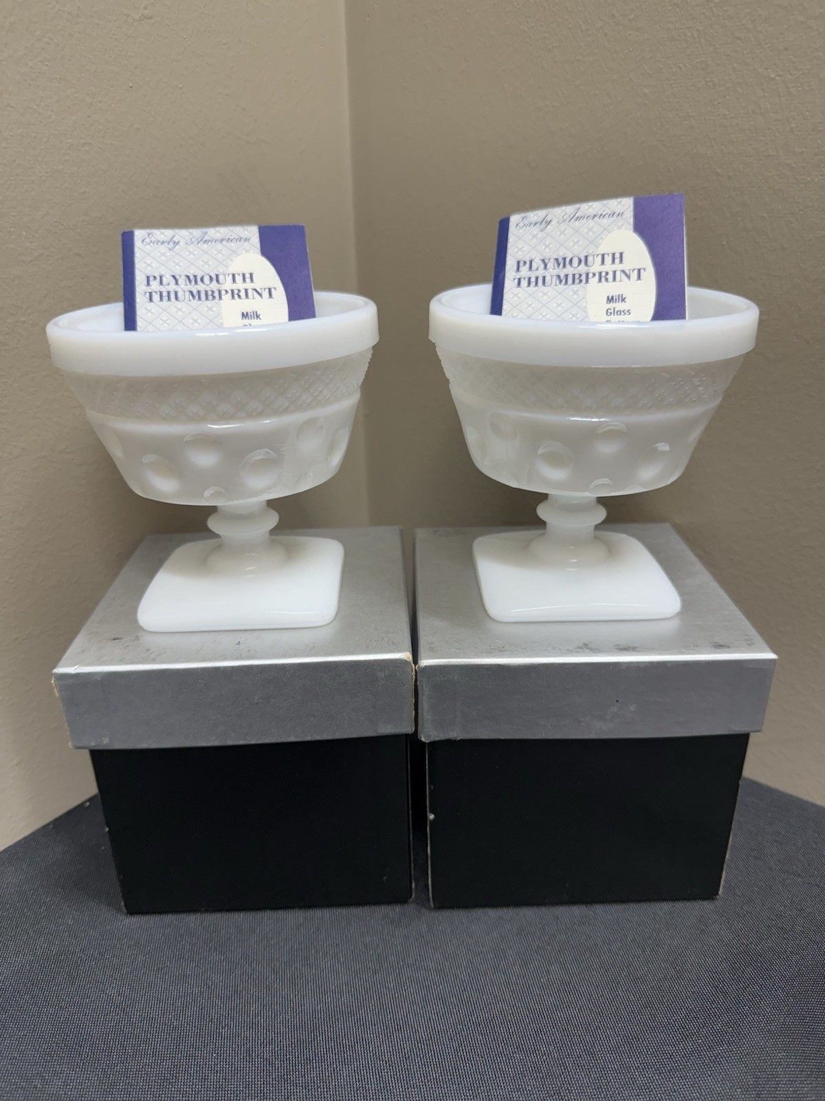 McFee Vintage Milk Glass Parfait Cups 2 Mid-Century Pedestal Thumbprint Dishes