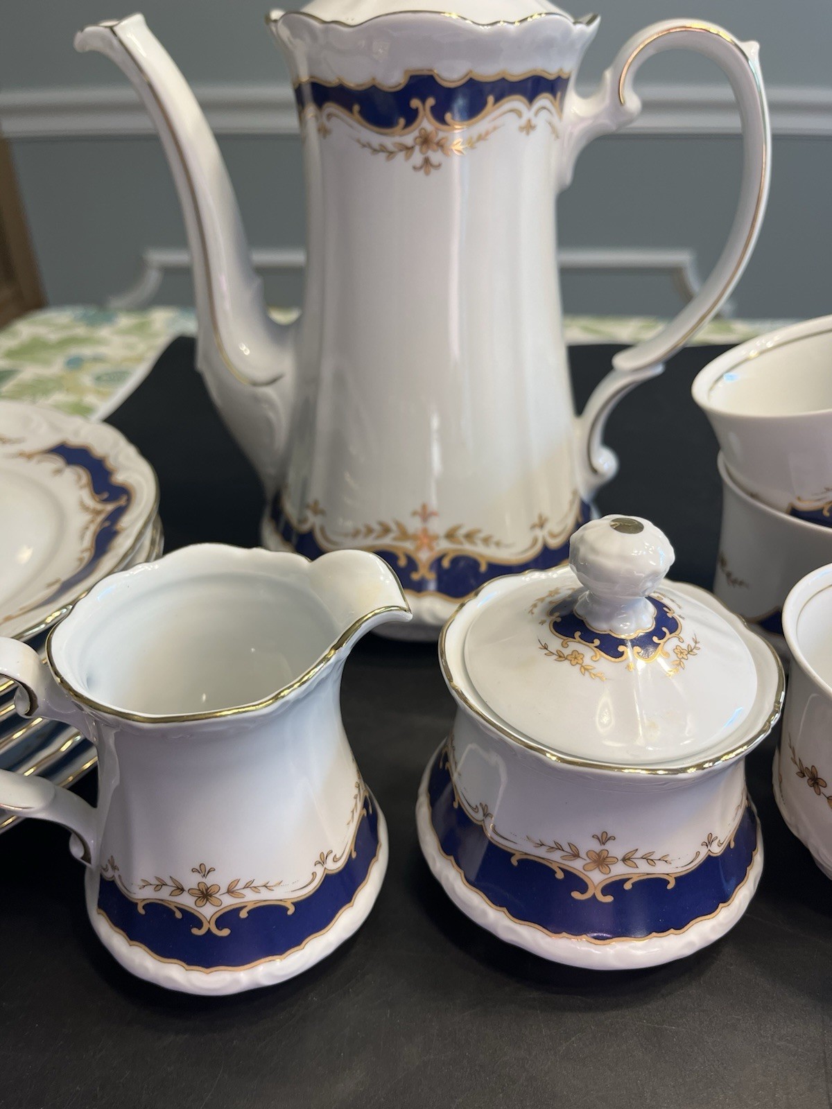 21pc Mitterteich Bavaria Cobalt Blue Gold Trim Coffee Tea Pot Desert Serving Set