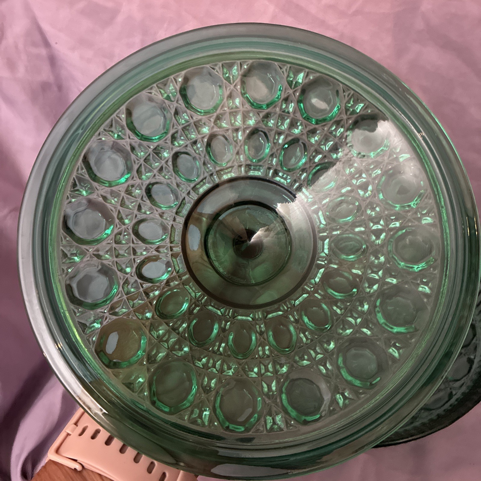Indiana Glass Windsor Button Cane Emerald Green Covered Candy Dish Vintage
