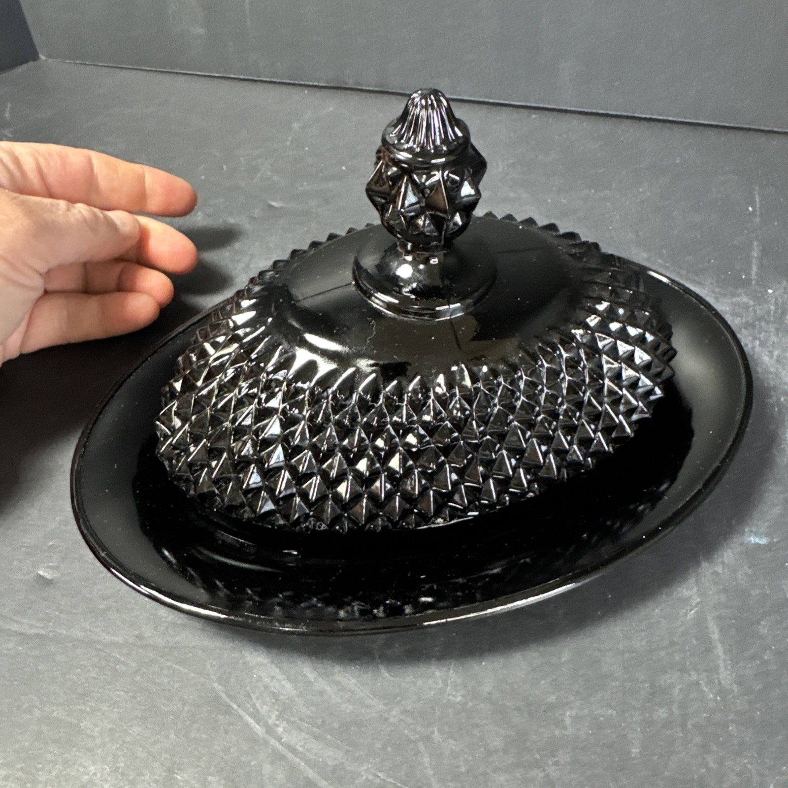 VINTAGE INDIAN BLACK AMETHYST GLASS, DIAMOND CUT, VAL COVERED BUTTER DISH