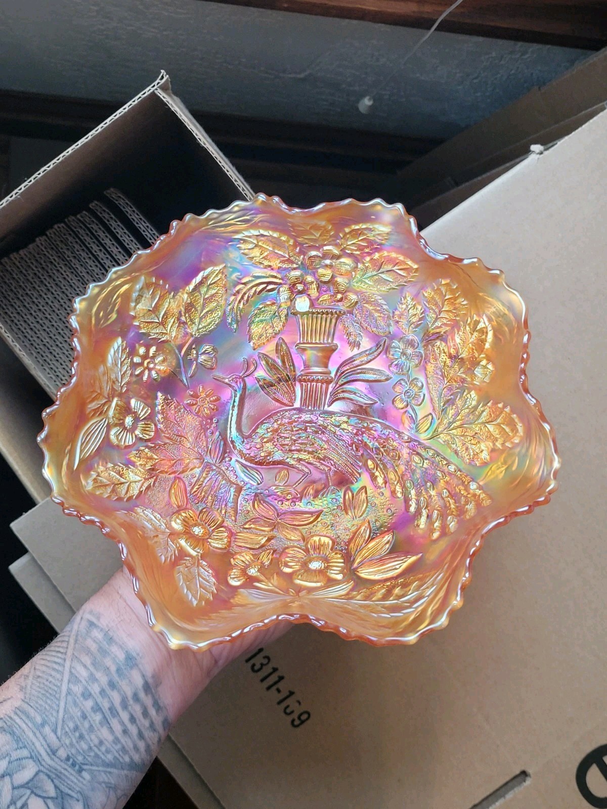 Pretty Dark Marigold Fenton Carnival Glass Peacock & Urn Pattern Bowl