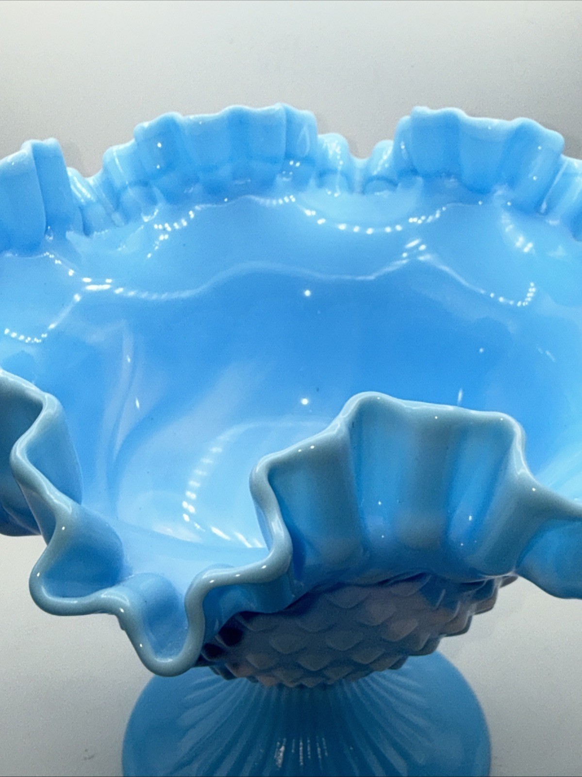 Vintage Fenton Blue Milk Marble Glass Hobnail Pedestal Bowl Ruffled Edge White