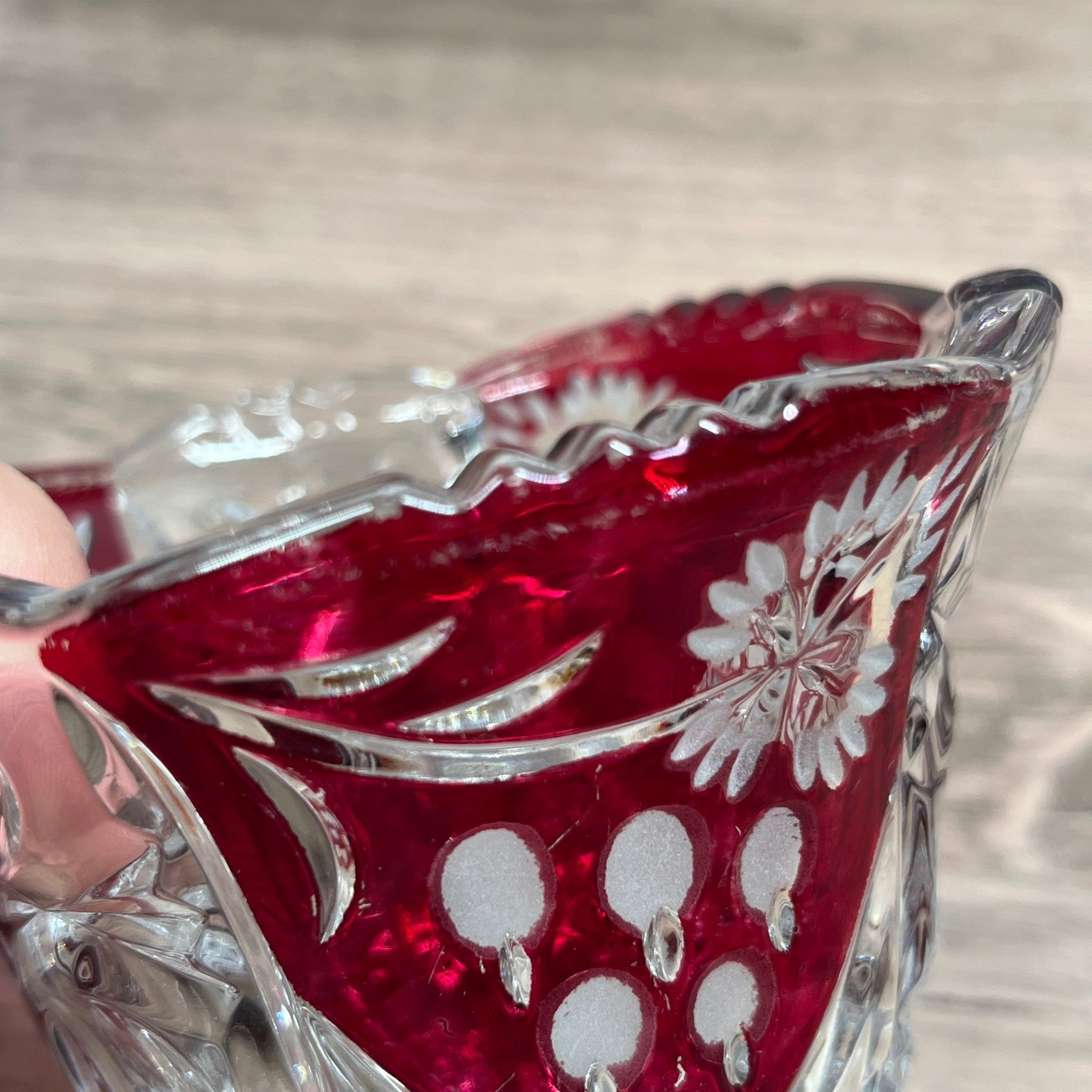 Evita Crystal 3pc Bowl Vase Set Red Clear 24% Lead Crystal Ruby Cut to Clear