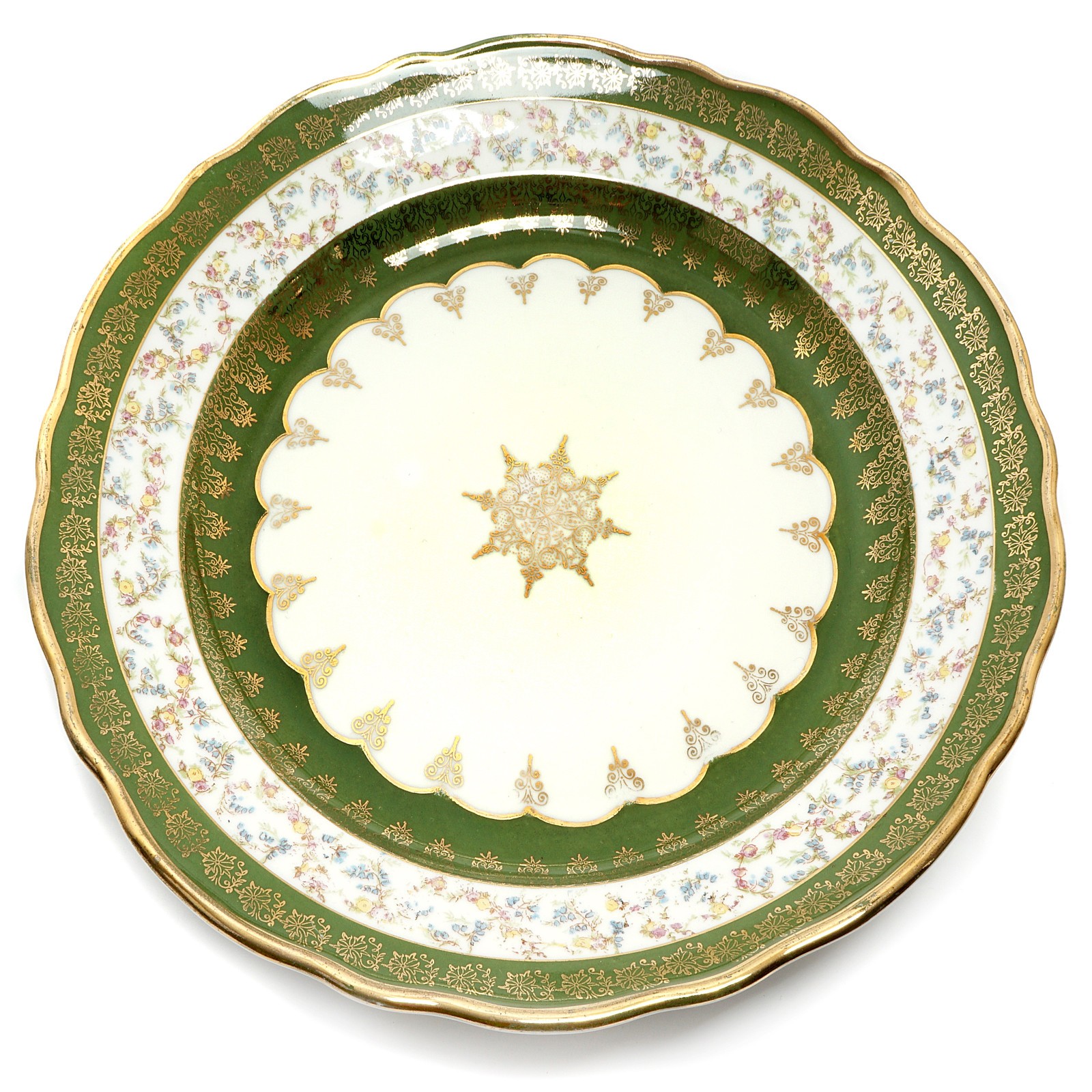 Antique Plates Set of 6- 10 Inch Green Floral Border Gold Trim Austria Stamboul