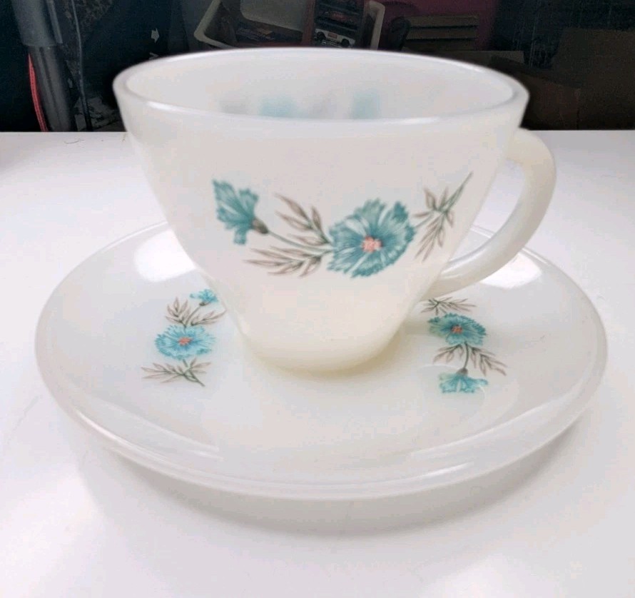 Vintage Fire King ~ Bonnie Blue Carnation Flower ~ Cup & Saucer ~ Milk Glass
