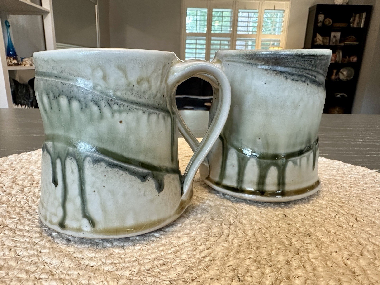 Studio Art Pottery Mugs Set Of Two Earthy Green Drip Glaze Signed Charlie Tefft