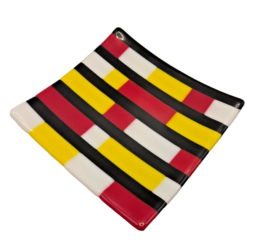 VTG. SIGNED DEBORAH LARWOOD Multicolor MONDRIAN Fused Art Glass Square Plate 8X8