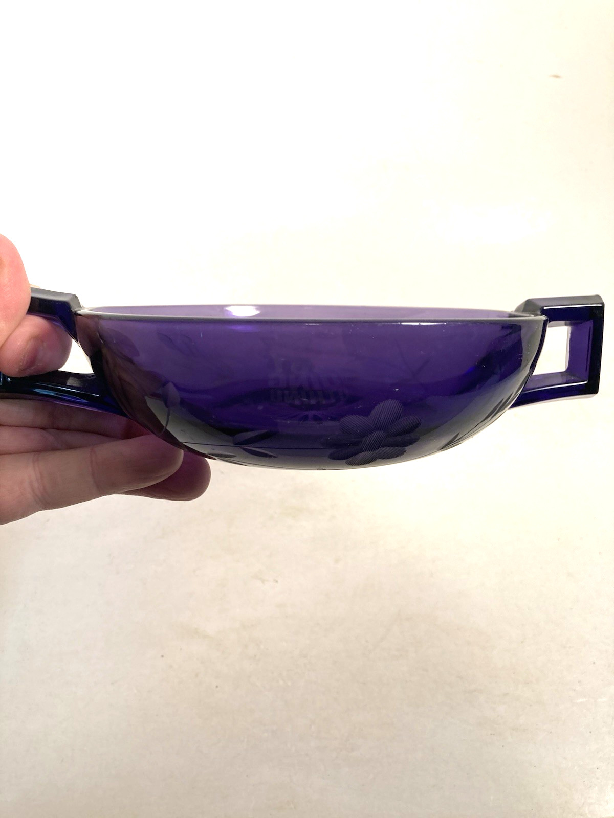 Vintage Glass candy Dish, Server, condiment, irradiated purple, etched floral