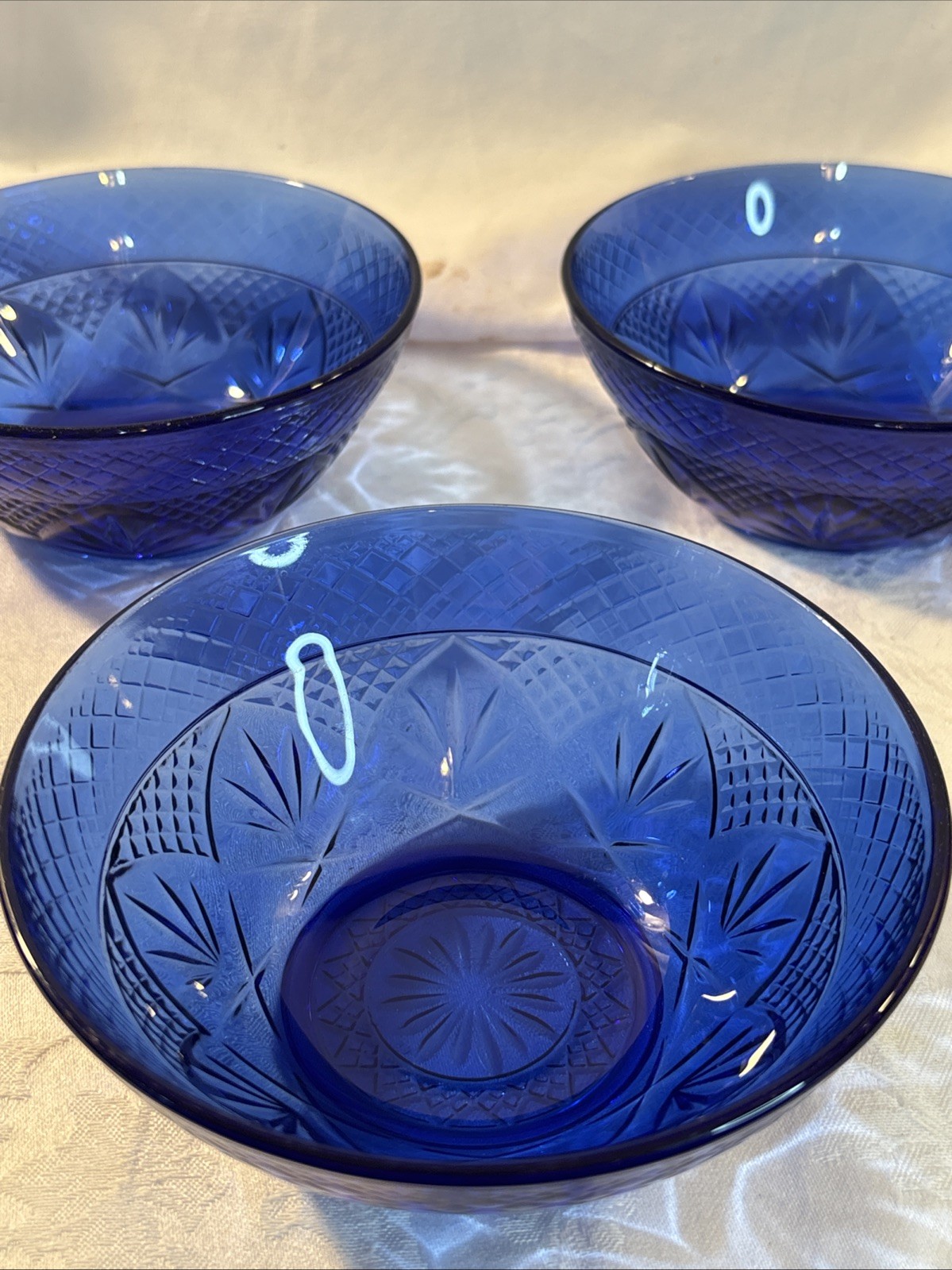 Cristal D’Arques-Durand Sapphire Blue 5 5/8in. Salad Bowls Set of 3 Vintage
