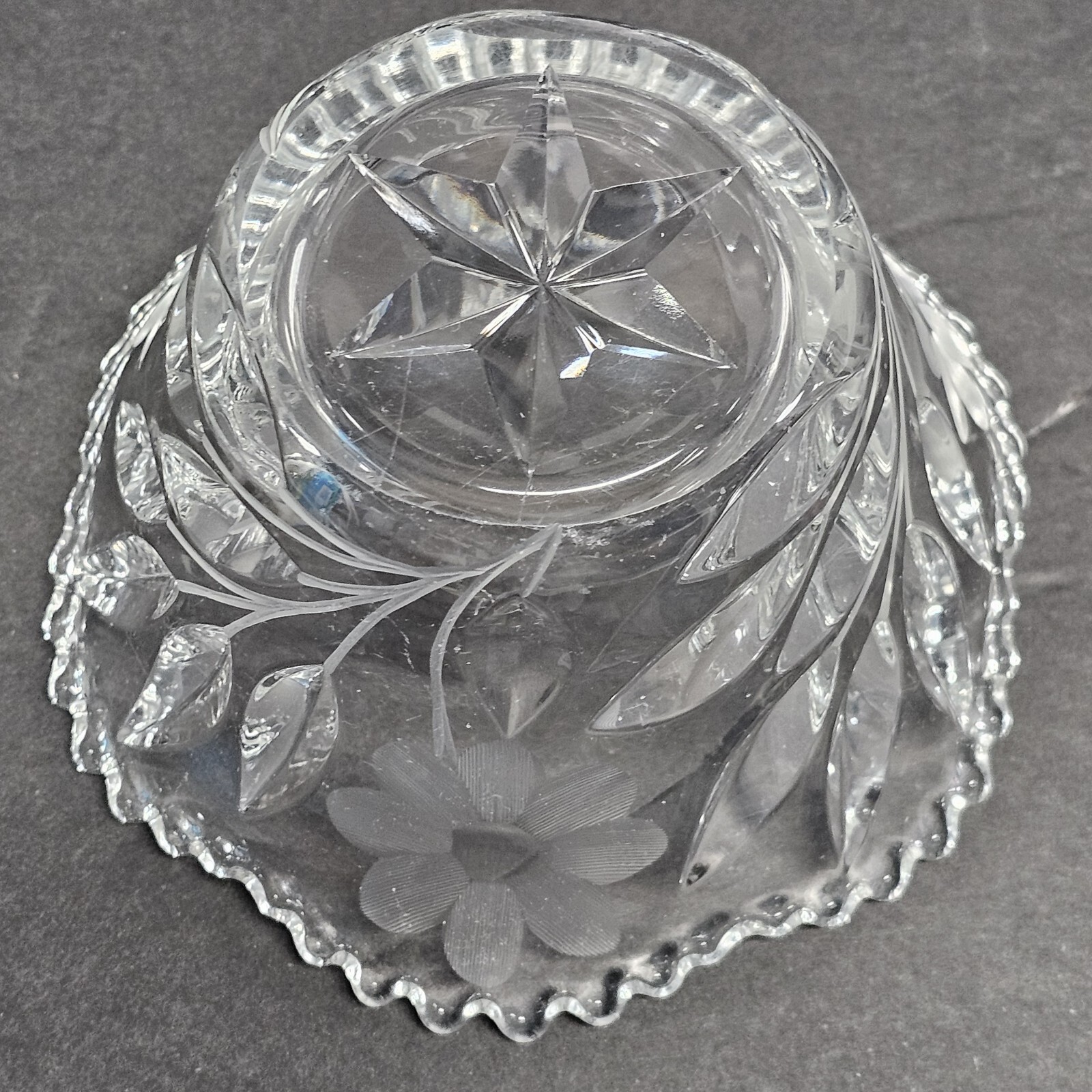Lead Crystal Bowl Candy Nut Dish Etched Flowers Scalloped Edge Star Bottom