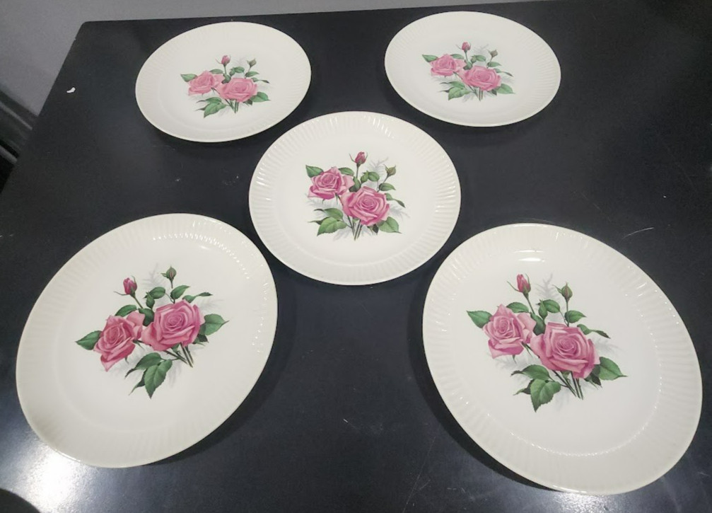 vtg 5 dinner plates 9″ ceramic white pink rose edge ribbed Cottage Decor wall