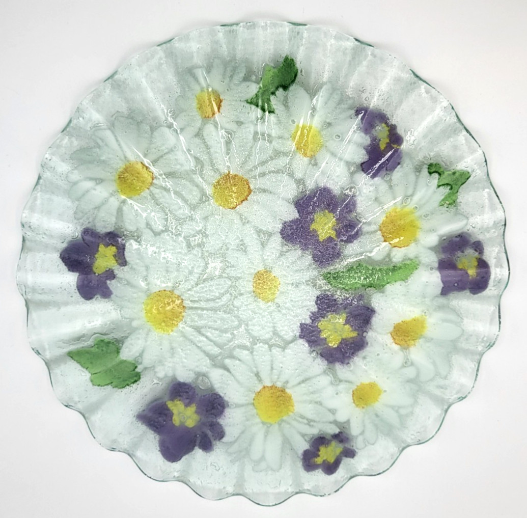 Folio Signed Fused Art Glass Plate Daisy & Pansy 10.25″ Ruffled Edge Hand Made