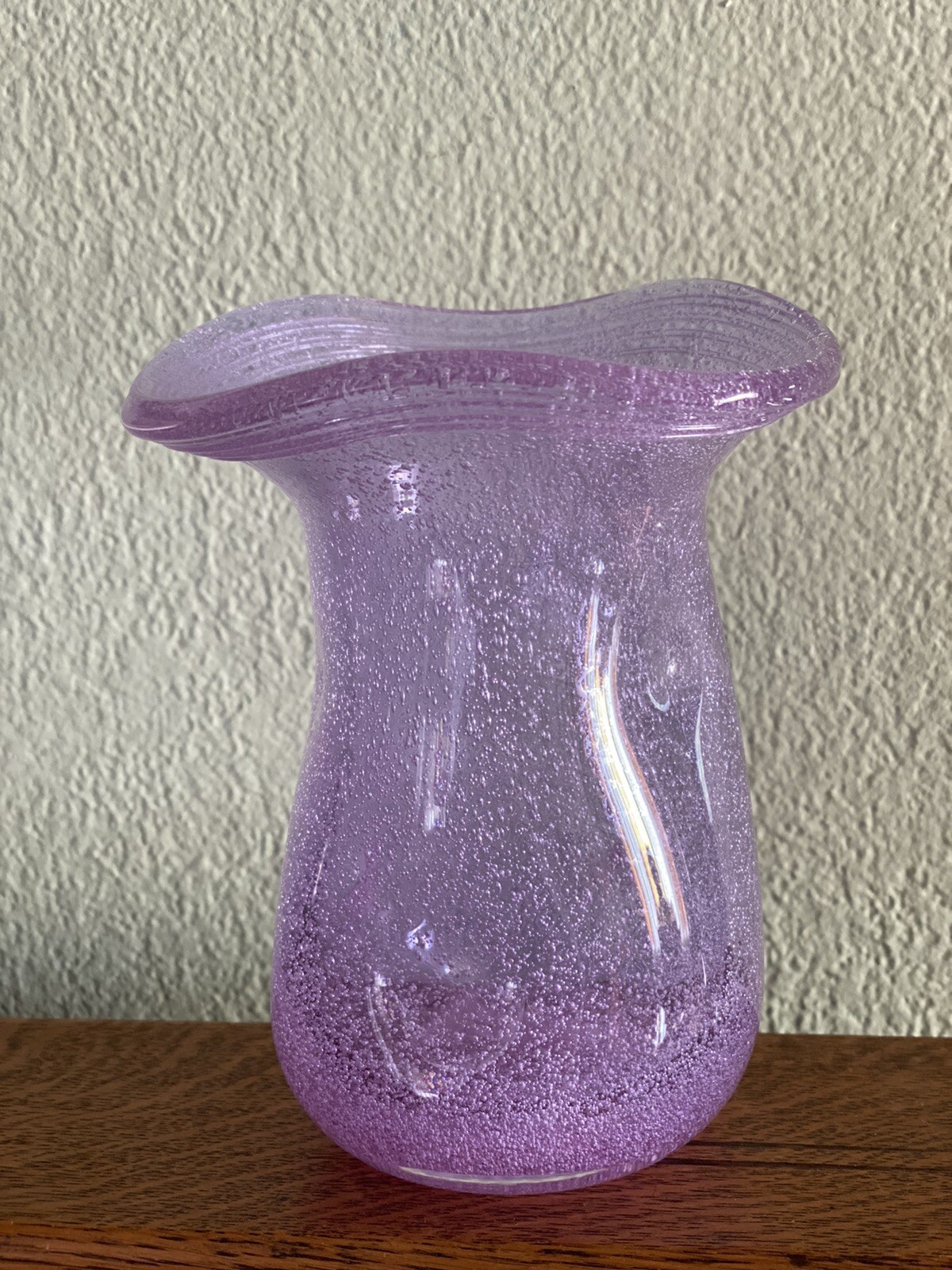 Hand Blown 6” Alexandrite Bubble Glass Vase Pinched Sides Flared Threaded Rim