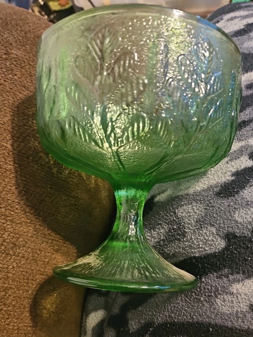 Vintage FTD Green Glass Footed Compote Bowl Vase Candy Dish Oak Leaves Pattern
