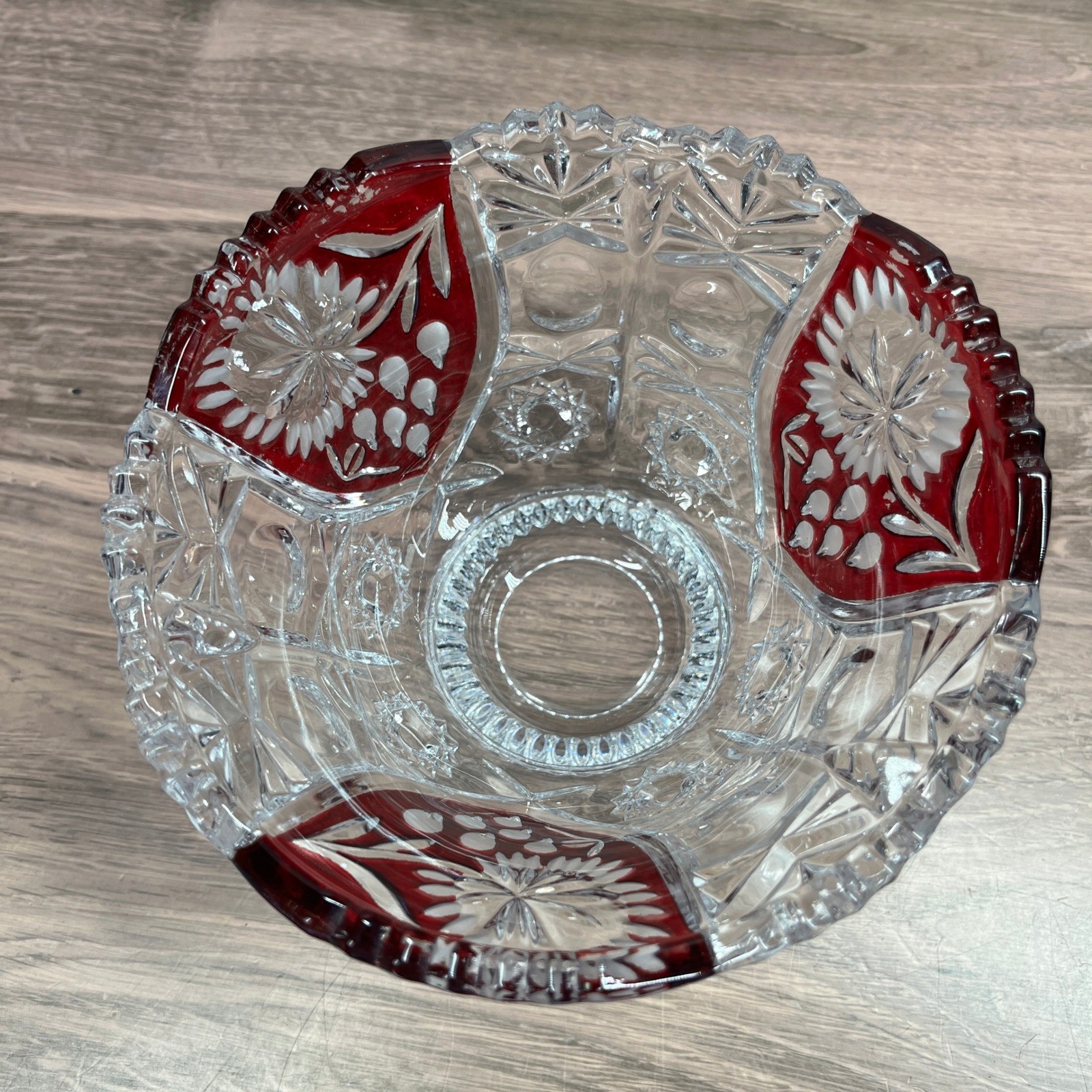 Evita Crystal 3pc Bowl Vase Set Red Clear 24% Lead Crystal Ruby Cut to Clear