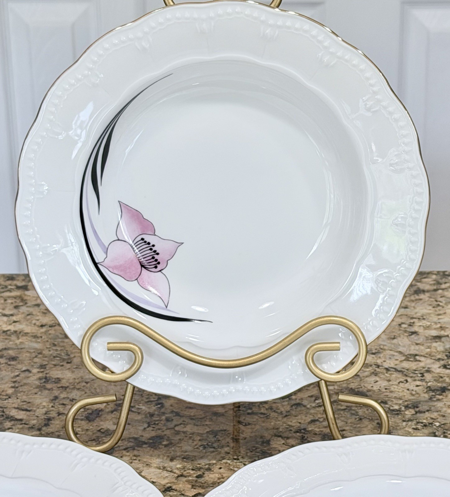 Vintage Danish Design Atelier Pink Floral Gold Trim Rim Soup Bowls Set of 3-9”