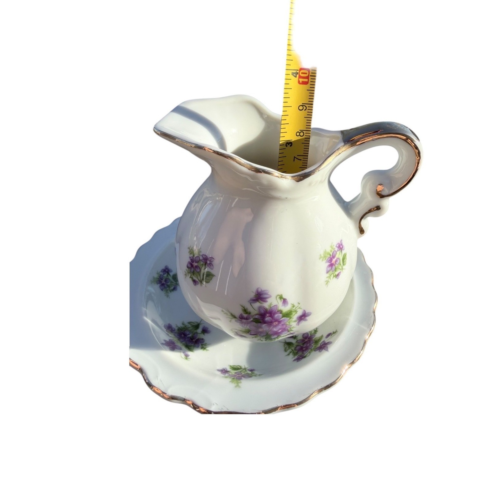 Vintage Lefton China Creamer and Saucer Set 01967 White Purple Violets Gold Trim