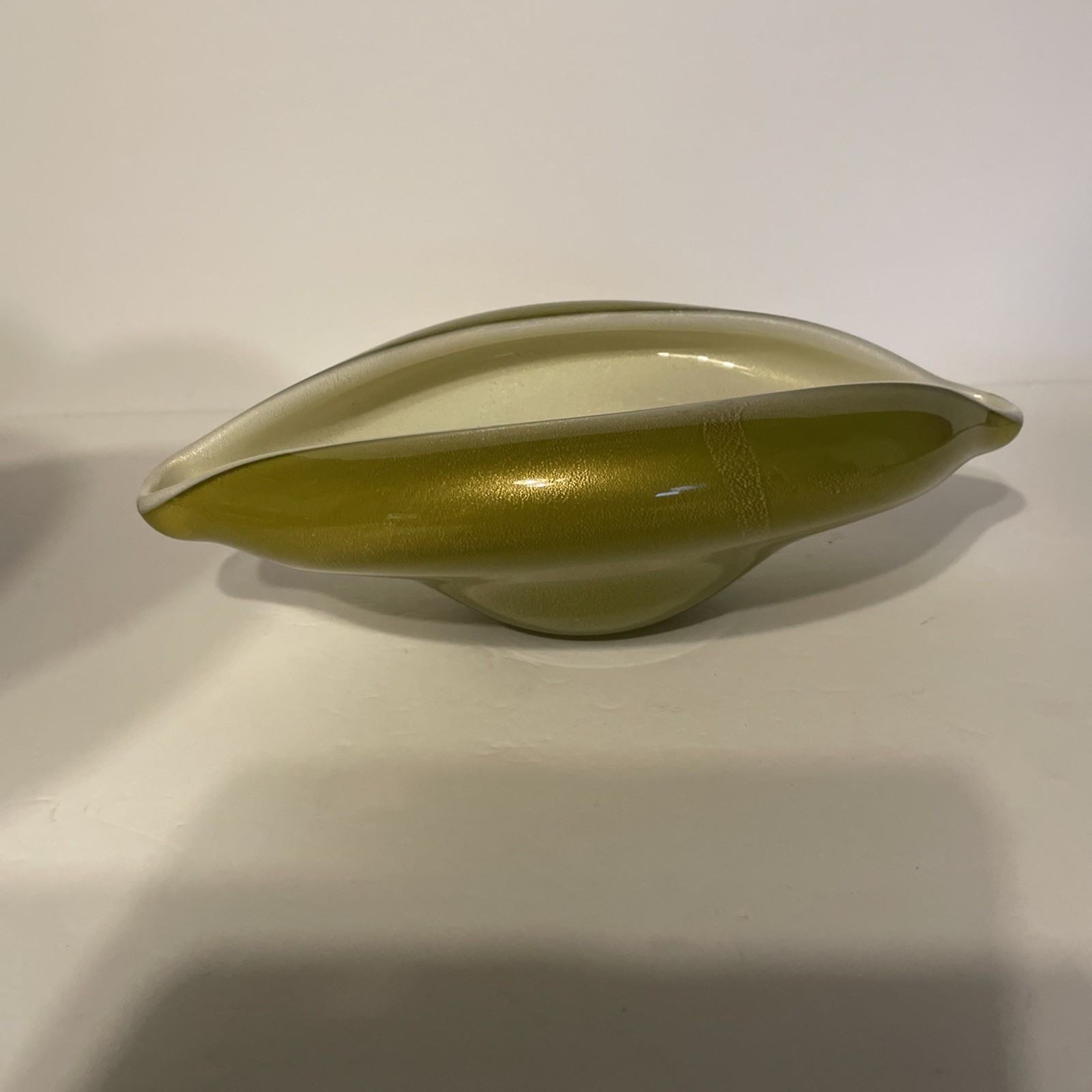 Mid Century Murano Olive Green Gold Fleck Leaf Barbini? Large Modernistic Bowl